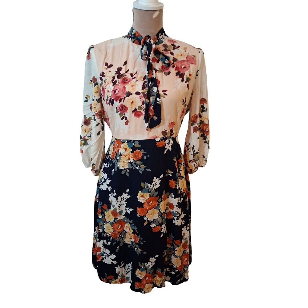 Stevie Hender Floral Tie Neck Midi Dress Navy Peach Mixed Print Medium